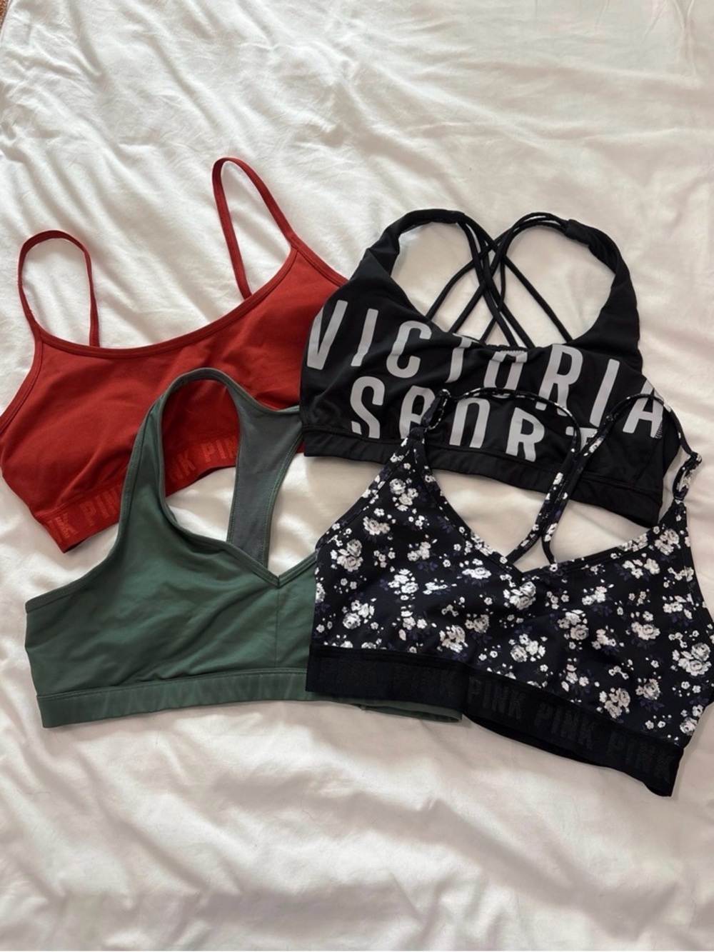 Victoria's Secret Sports Bra Bundle - Black, Olive Green, Rust Red, Black Floral